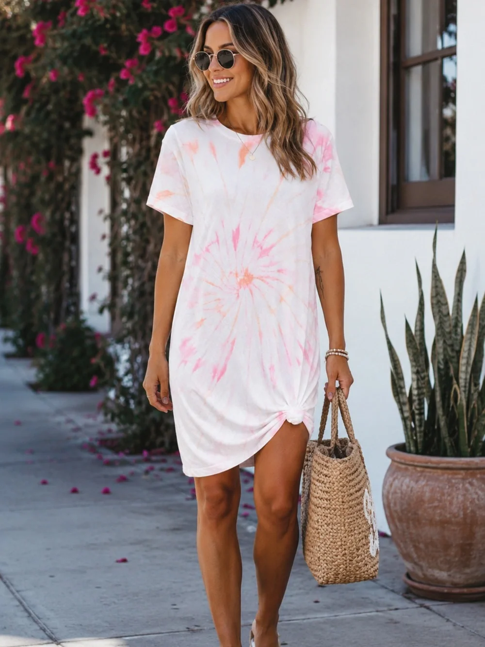 Missguided White Pink Tie Dye Cotton T Shirt Dress Women’s Size 2 Casual Midi